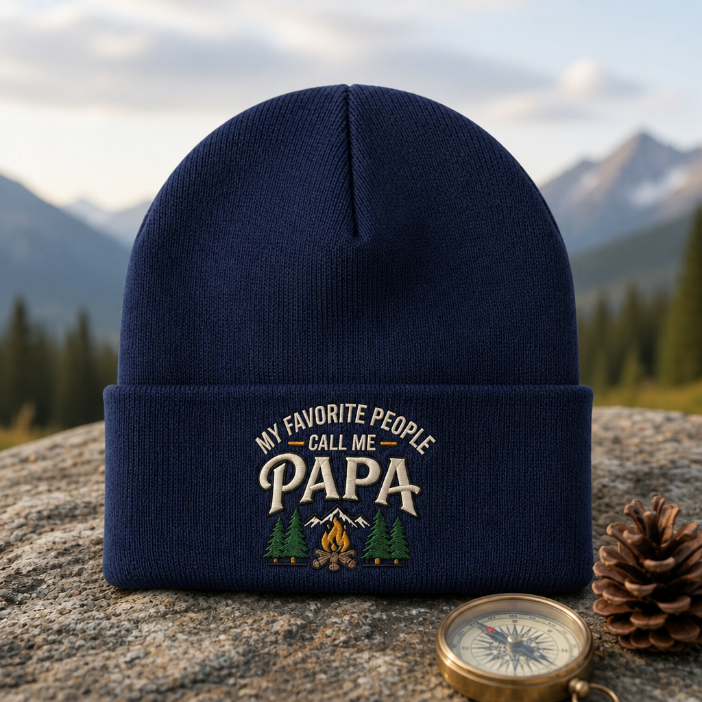 My Favorite People Call Me Papa Camping Campfire Mountains Trees Embroidered Beanie