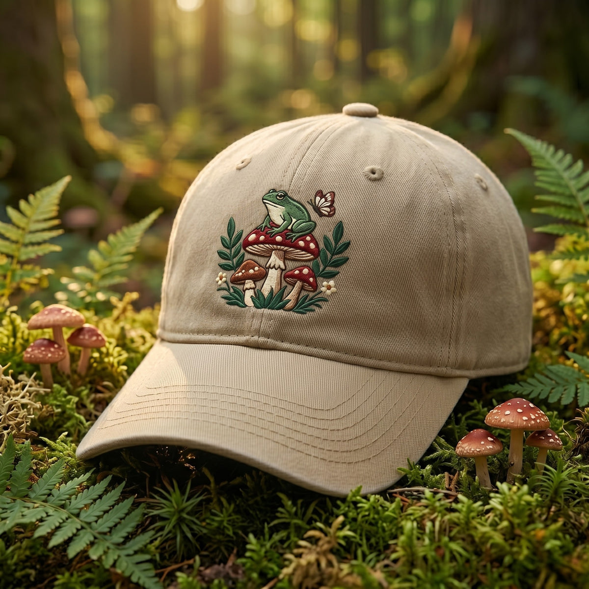 Frog Sitting on Mushroom Butterfly Wildflowers Cottagecore Embroidered Hat — Baseball Cap