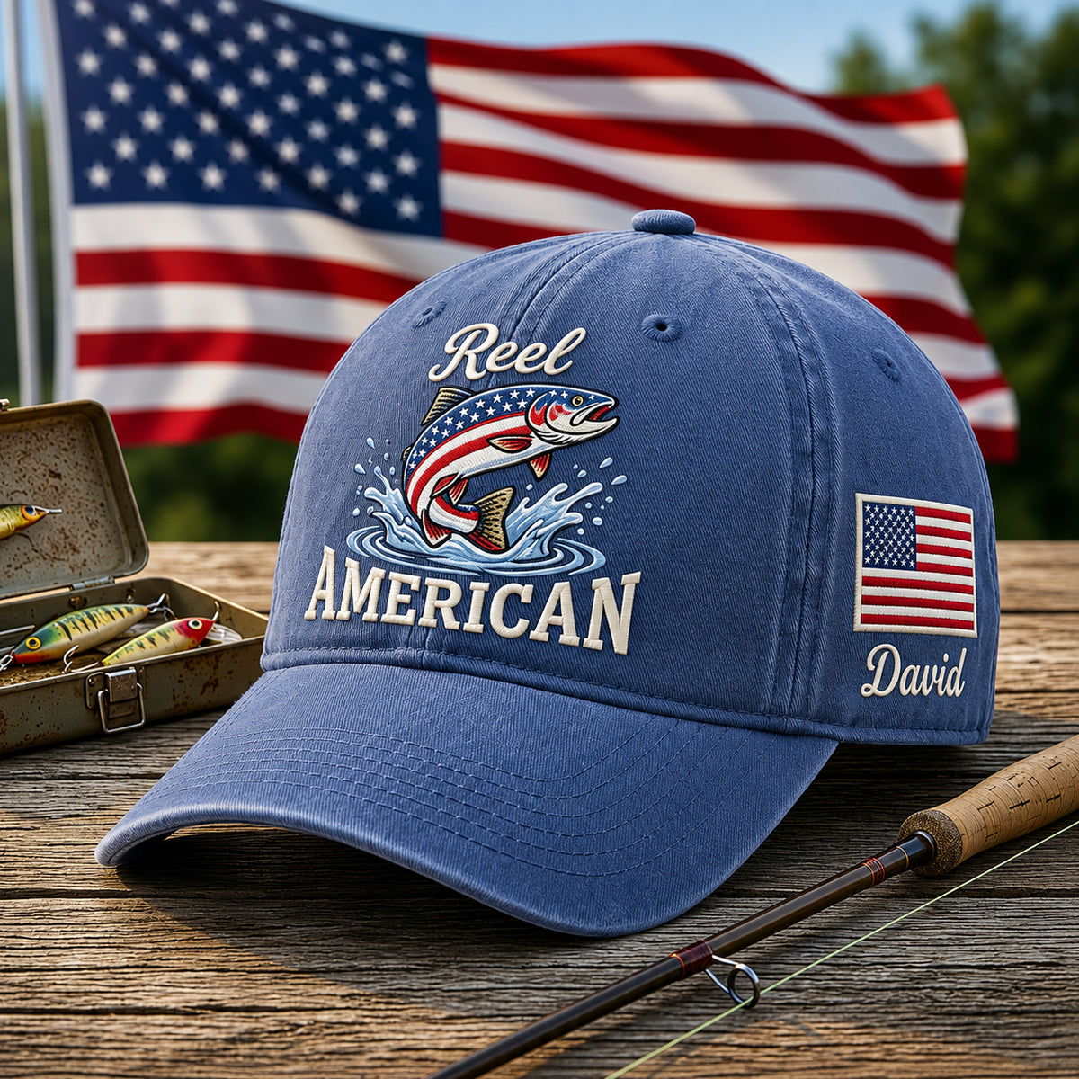 Personalized Reel American Patriotic Fish USA Flag Fishing Embroidered Hat — Washed Hat