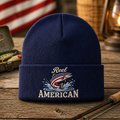 Personalized Reel American Patriotic Fish USA Flag Fishing Embroidered Beanie