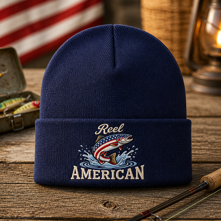 Personalized Reel American Patriotic Fish USA Flag Fishing Embroidered Beanie