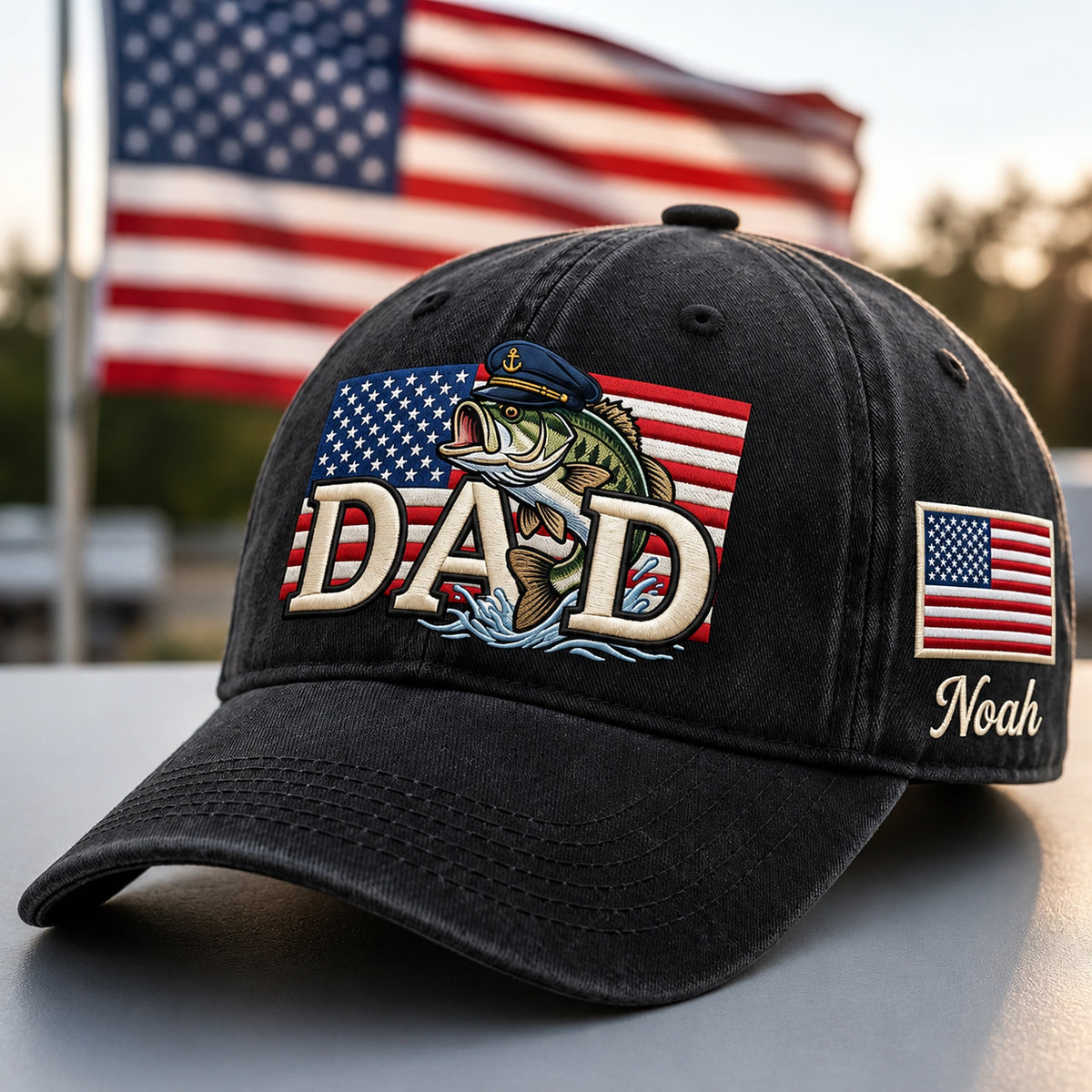Personalized Fishing Dad American Flag Bass Fish Captain Hat Embroidered Hat — Baseball Cap