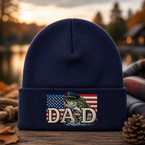 Personalized Fishing Dad American Flag Bass Fish Captain Embroidered Beanie