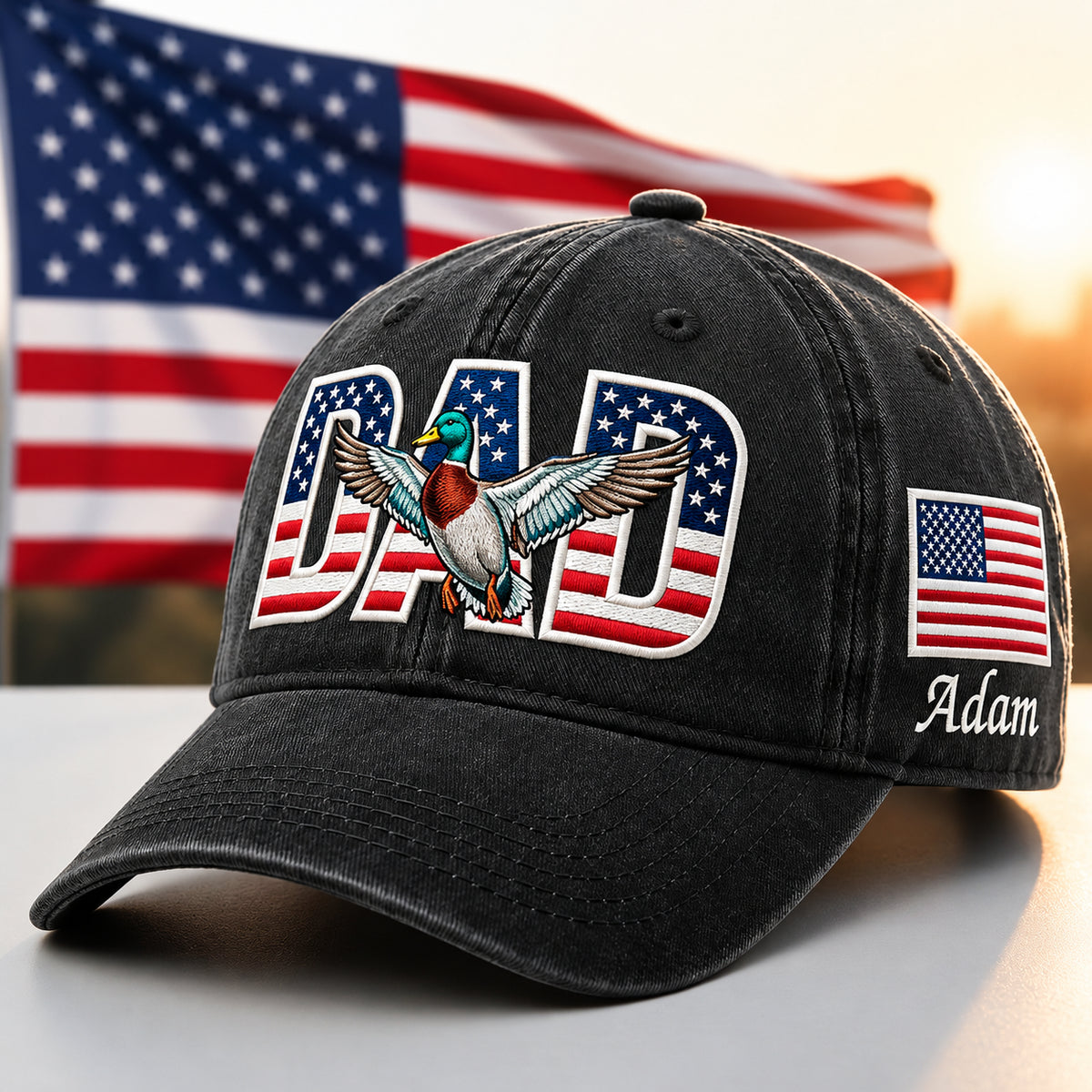 Personalized Duck Hunting Dad American Flag Mallard Embroidered Hat — Washed Hat