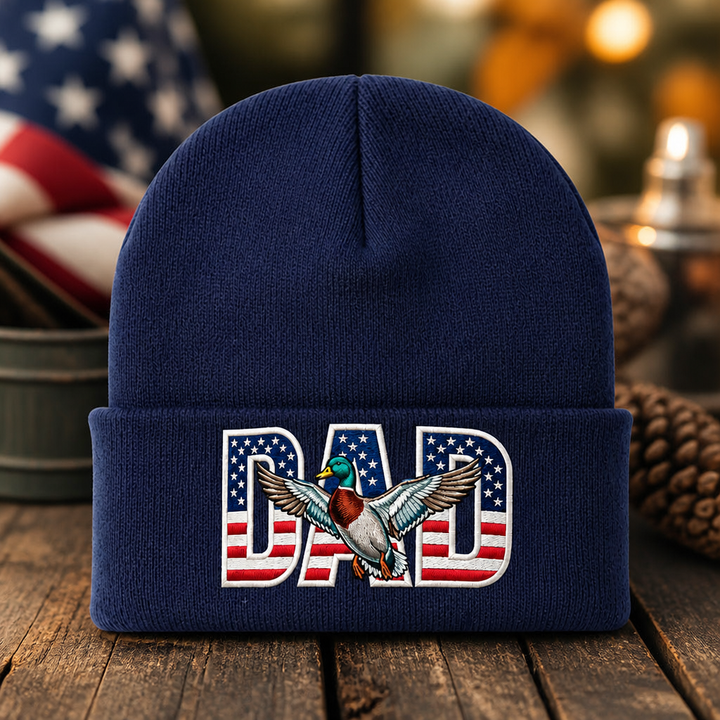 Personalized Duck Hunting Dad American Flag Mallard Embroidered Beanie