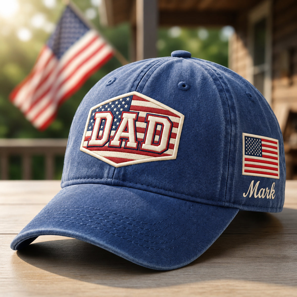 Personalized American Flag DAD Patch Washed Hat Embroidered Hat — Washed Hat
