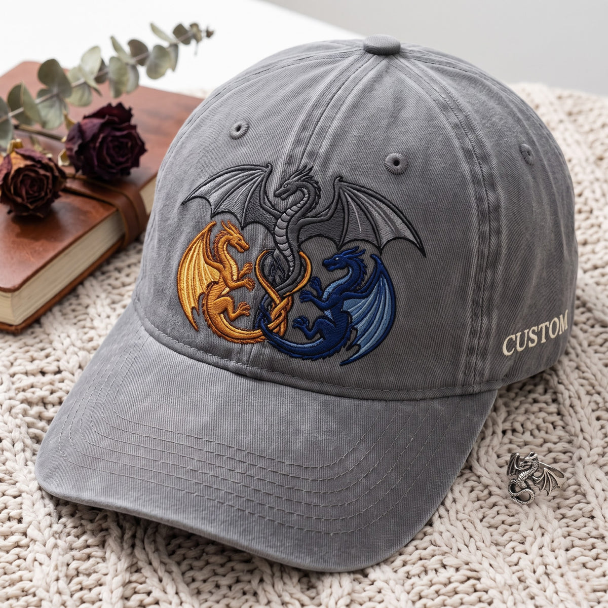 Personalized Three Dragons Fantasy Yin Yang Embroidered Hat — Washed Hat