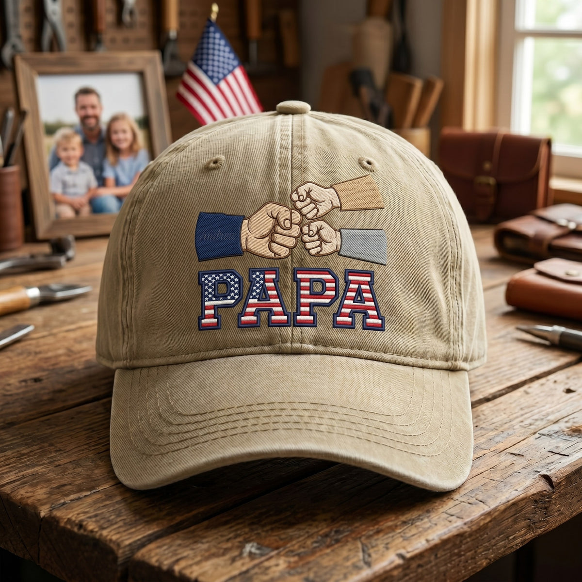 Personalized Papa Fist Bump American Flag Kids Names Embroidered Hat — Washed Hat