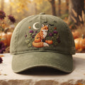 Personalized Autumn Fox Pumpkins Crescent Moon Bats Wildflowers Halloween Embroidered Hat — Washed Hat