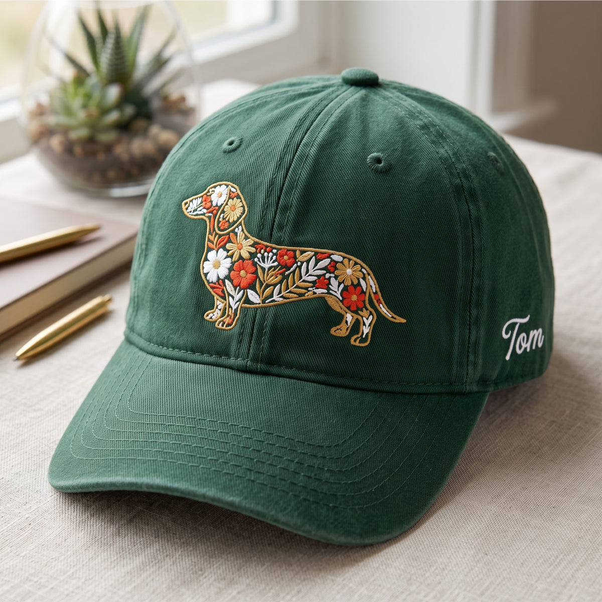 Personalized Dachshund Floral Wildflower Botanical Embroidered Hat — Baseball Cap
