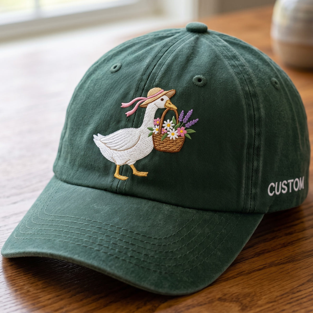 Personalized Goose Floral Basket Sun Hat Custom Name Embroidered Hat — Washed Hat