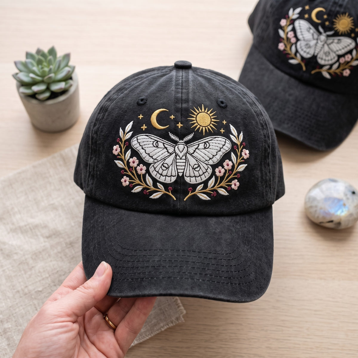 Celestial Moth Moon Sun Floral Wreath Embroidered Hat — Washed Hat