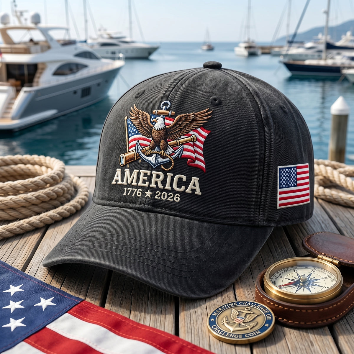America 1776 2026 Eagle Anchor Patriotic Nautical Embroidered Hat — Baseball Cap