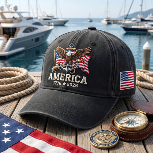 America 1776 2026 Eagle Anchor Patriotic Nautical Embroidered Hat — Baseball Cap