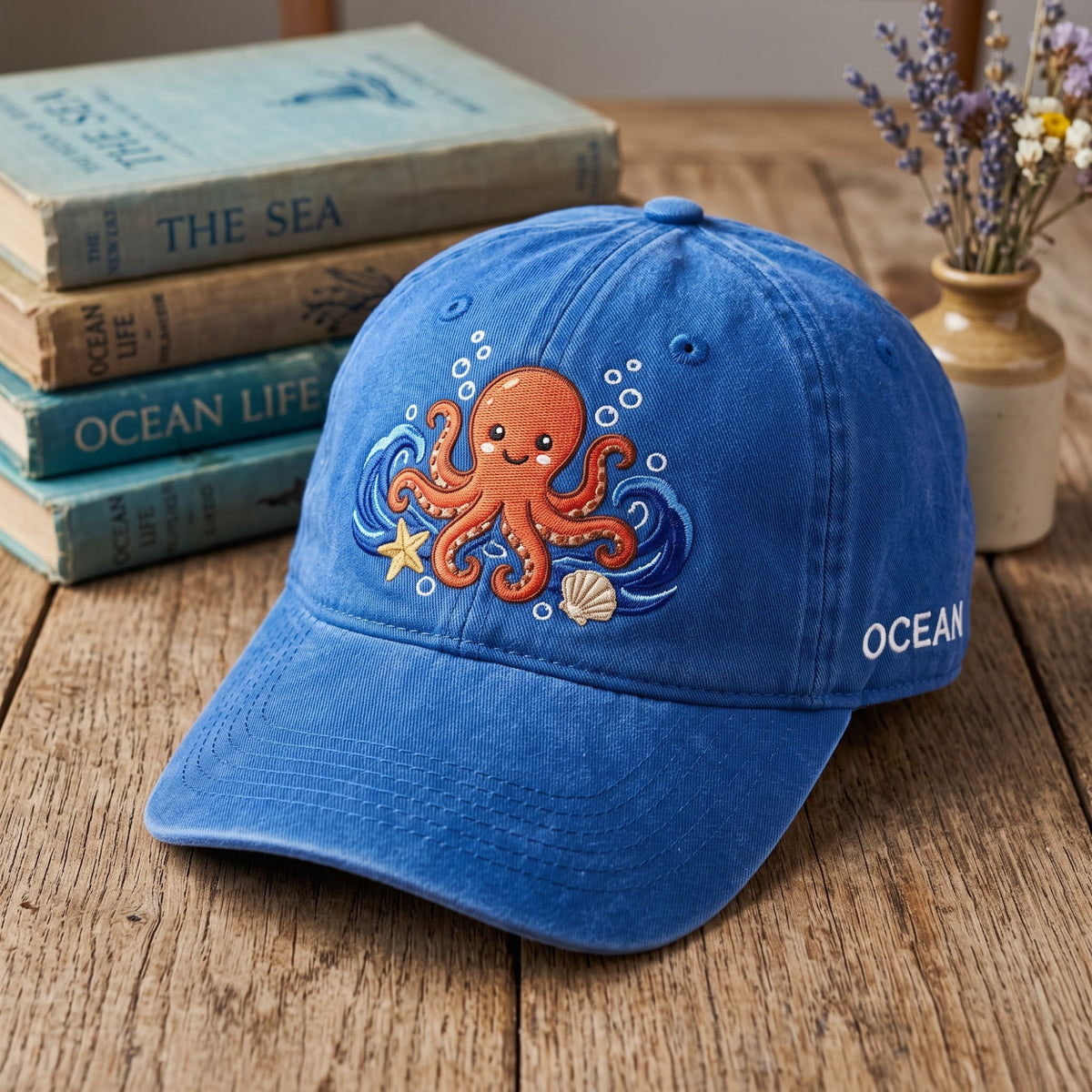 Cute Octopus Ocean Waves Starfish Seashell Embroidered Hat — Washed Hat