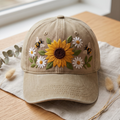Sunflower Daisy Bumblebee Floral Garden Embroidered Hat — Washed Hat