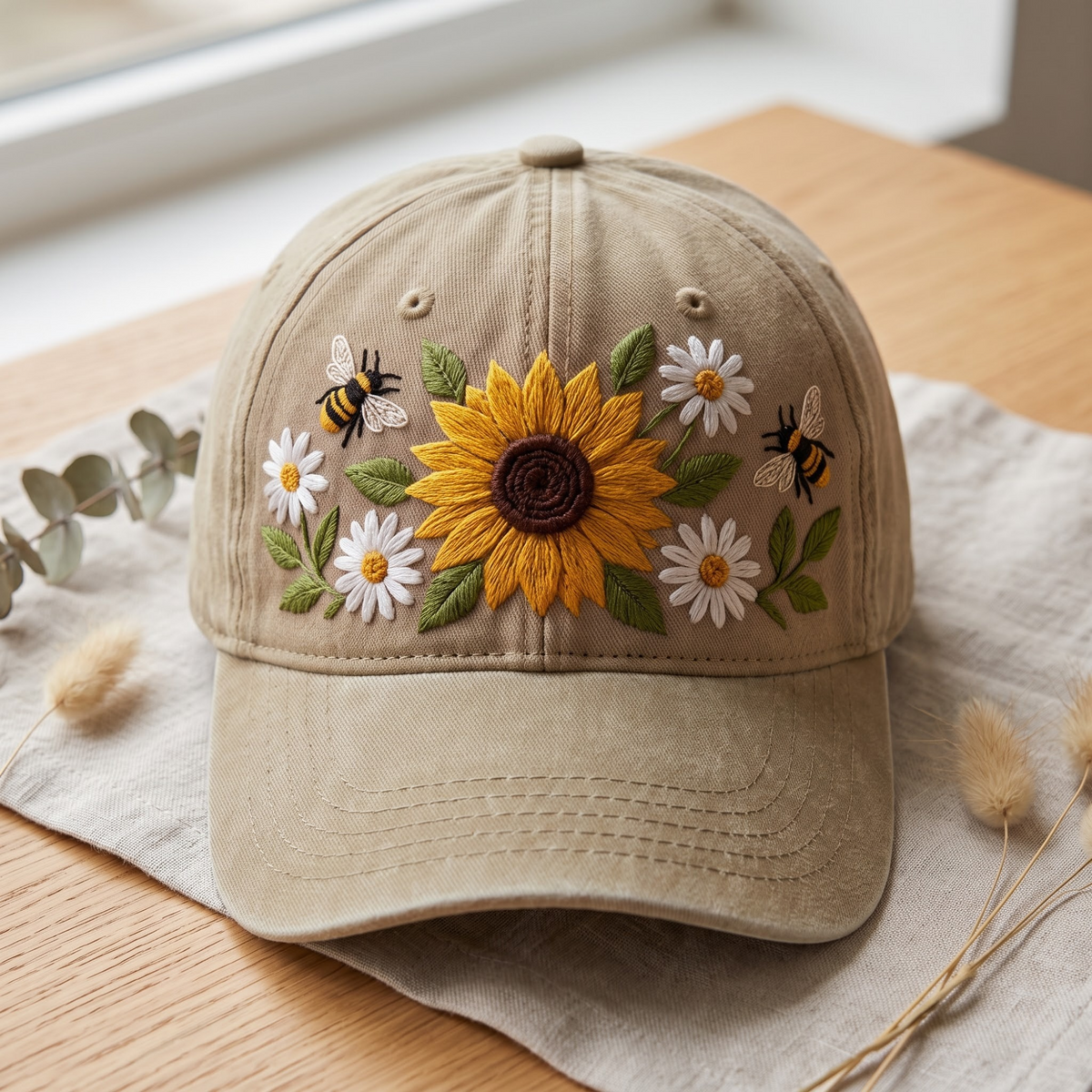 Sunflower Daisy Bumblebee Floral Garden Embroidered Hat — Washed Hat
