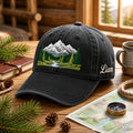 Personalized Mountain Forest River Pine Trees Scenic Landscape Embroidered Hat — Washed Hat