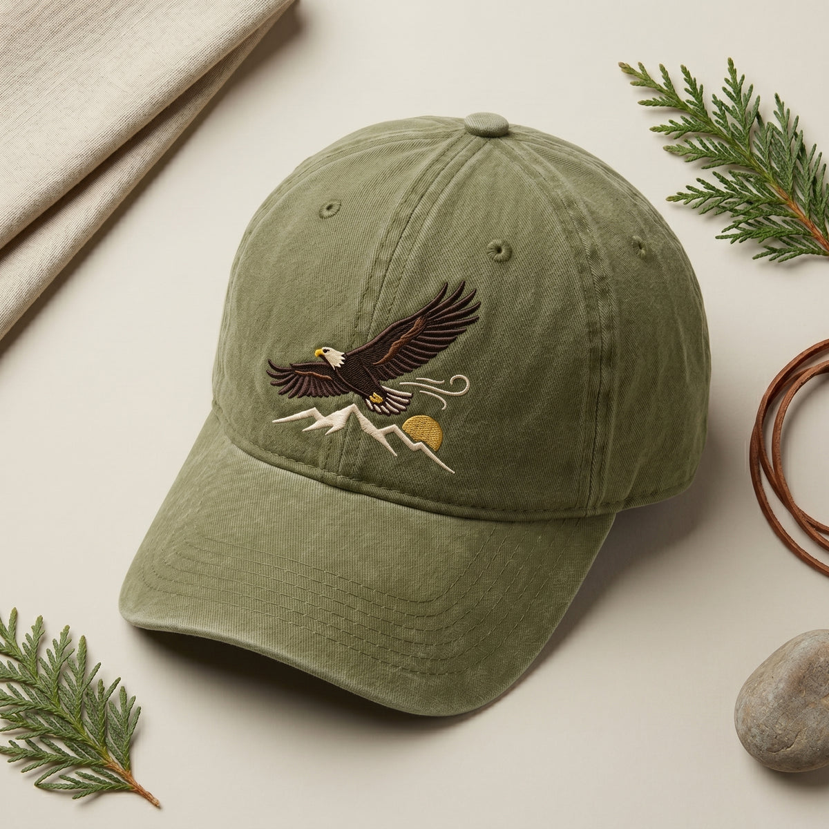 Bald Eagle Flying Mountains Sunrise Outdoor Embroidered Hat — Washed Hat