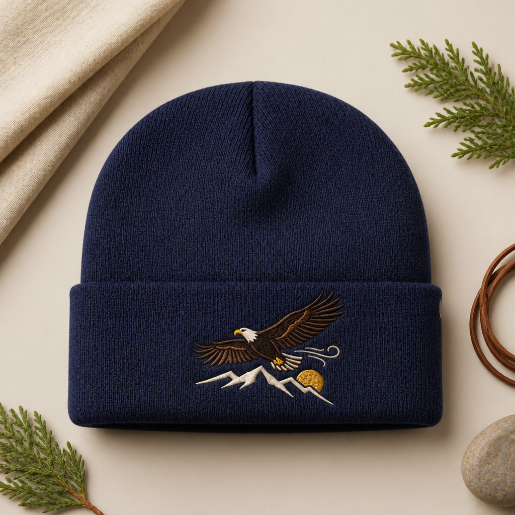 Bald Eagle Flying Mountains Sunrise Outdoor Embroidered Beanie