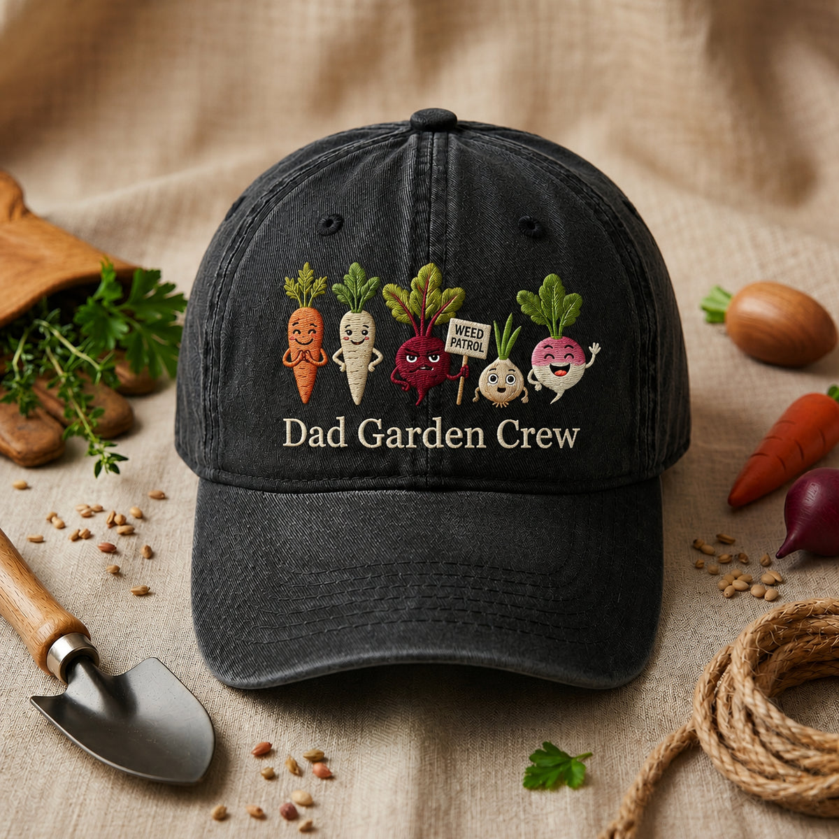 Dad Garden Crew Funny Vegetable Characters Weed Patrol Embroidered Hat — Washed Hat