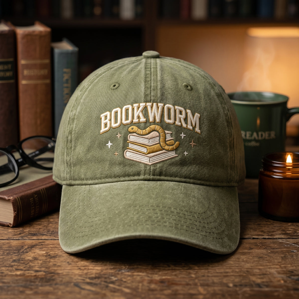 Bookworm Worm On Books Stars Embroidered Hat — Washed Hat