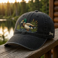 Personalized Mallard Duck Catching Fish Cattail Marsh Embroidered Hat — Washed Hat