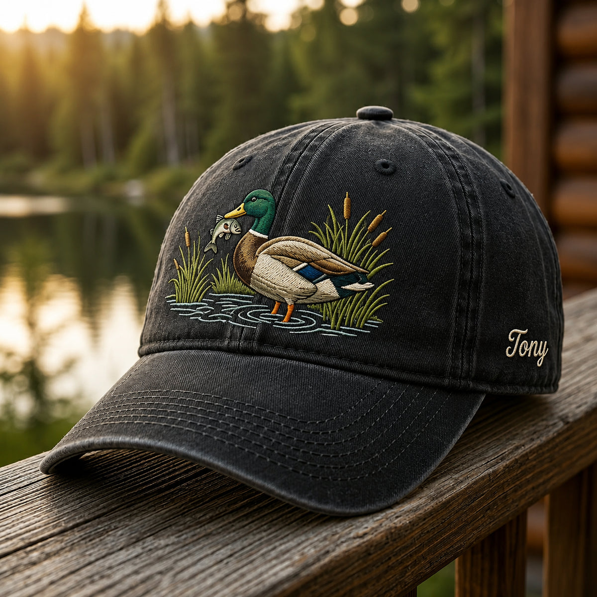 Personalized Mallard Duck Catching Fish Cattail Marsh Embroidered Hat — Washed Hat