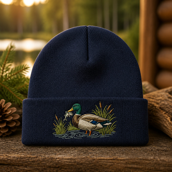 Personalized Mallard Duck Catching Fish Cattail Marsh Embroidered Beanie