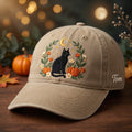 Personalized Halloween Black Cat Pumpkins Floral Moon Stars Embroidered Hat — Washed Hat