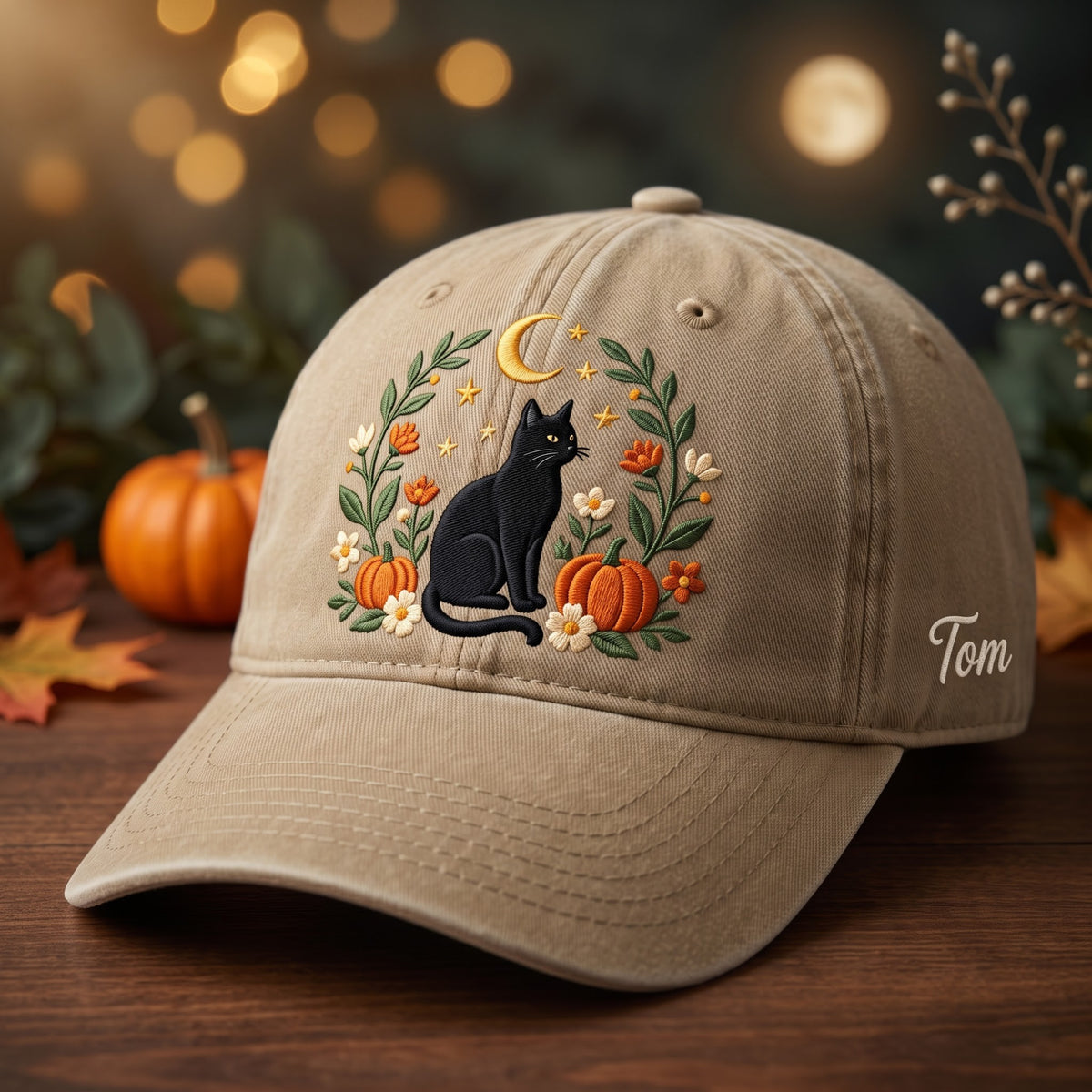Personalized Halloween Black Cat Pumpkins Floral Moon Stars Embroidered Hat — Washed Hat