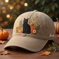 Personalized Black Cat Pumpkin Floral Moon Stars Fall Halloween Embroidered Hat — Baseball Cap