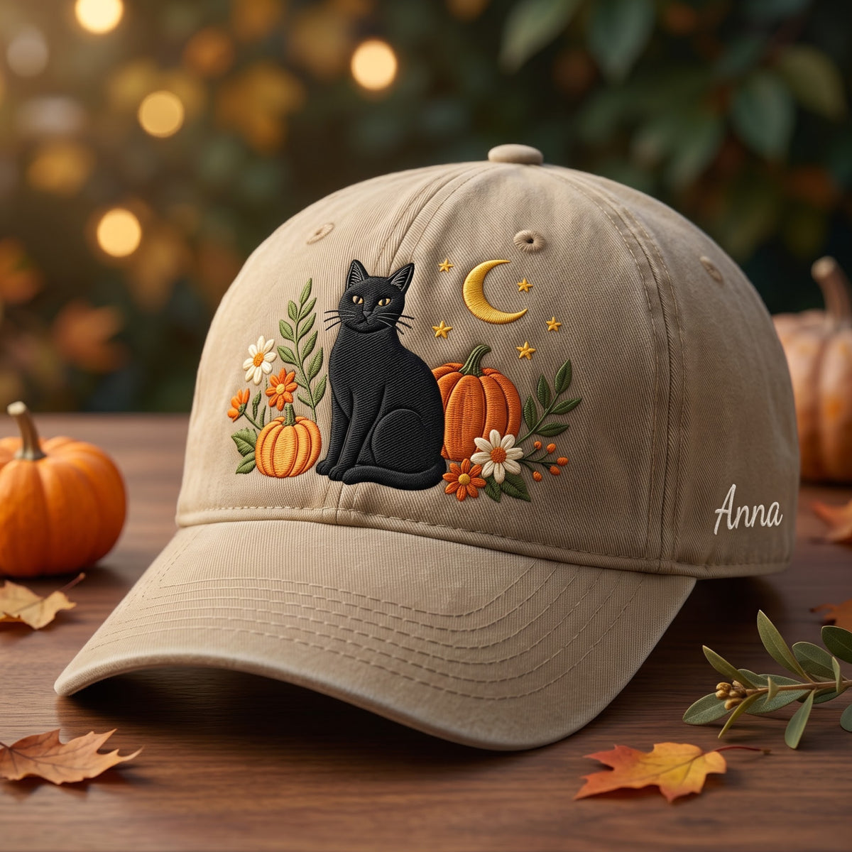 Personalized Black Cat Pumpkin Floral Moon Stars Fall Halloween Embroidered Hat — Baseball Cap