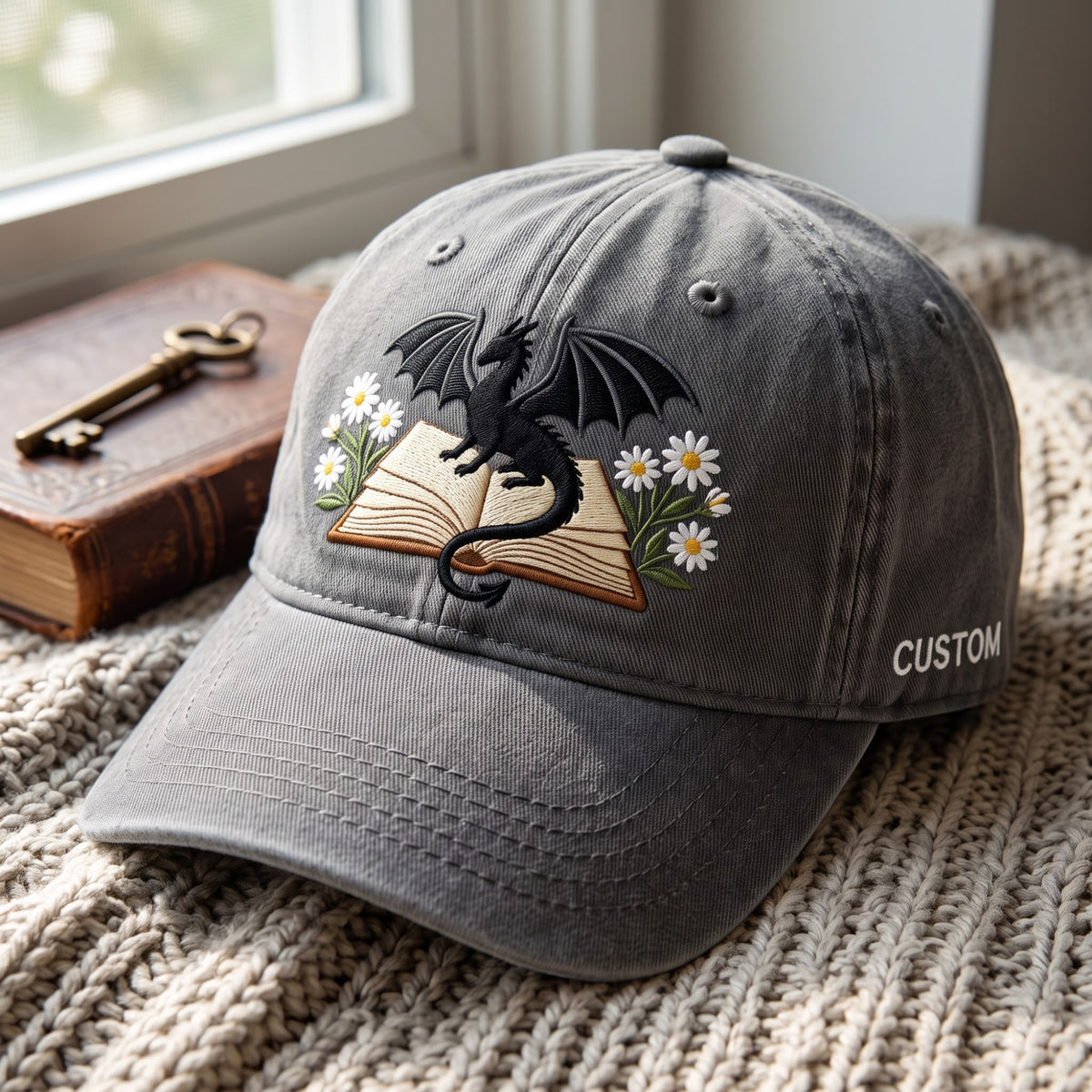 Personalized Dragon Open Book Daisy Floral Embroidered Hat — Washed Hat