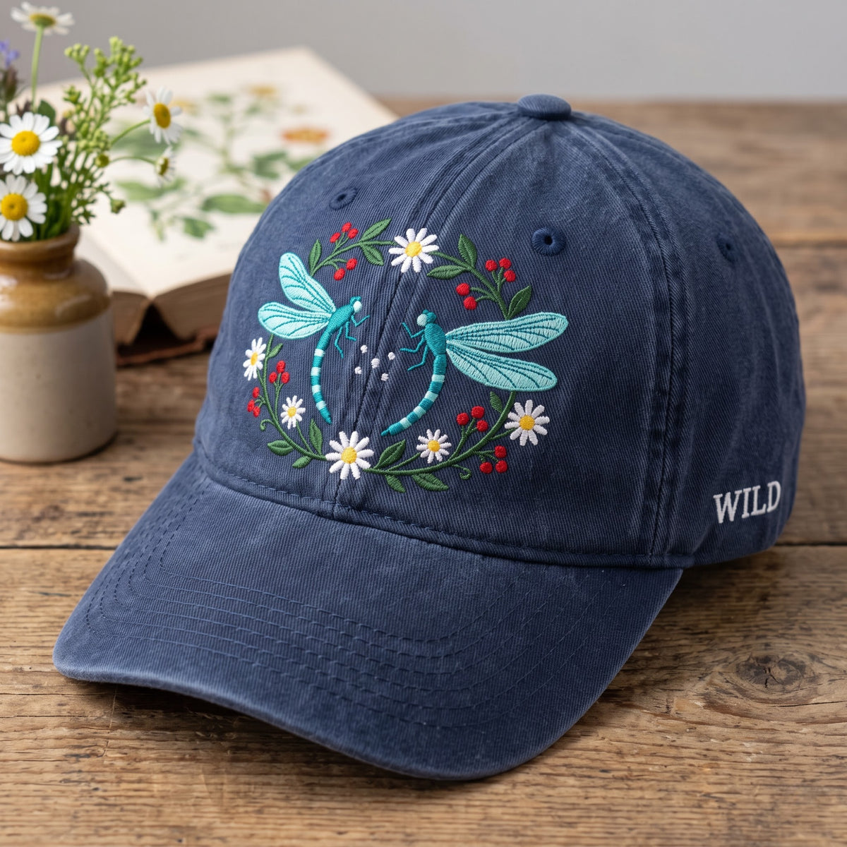 Dragonfly Floral Wreath Daisy Wildflower Wild Embroidered Hat — Washed Hat