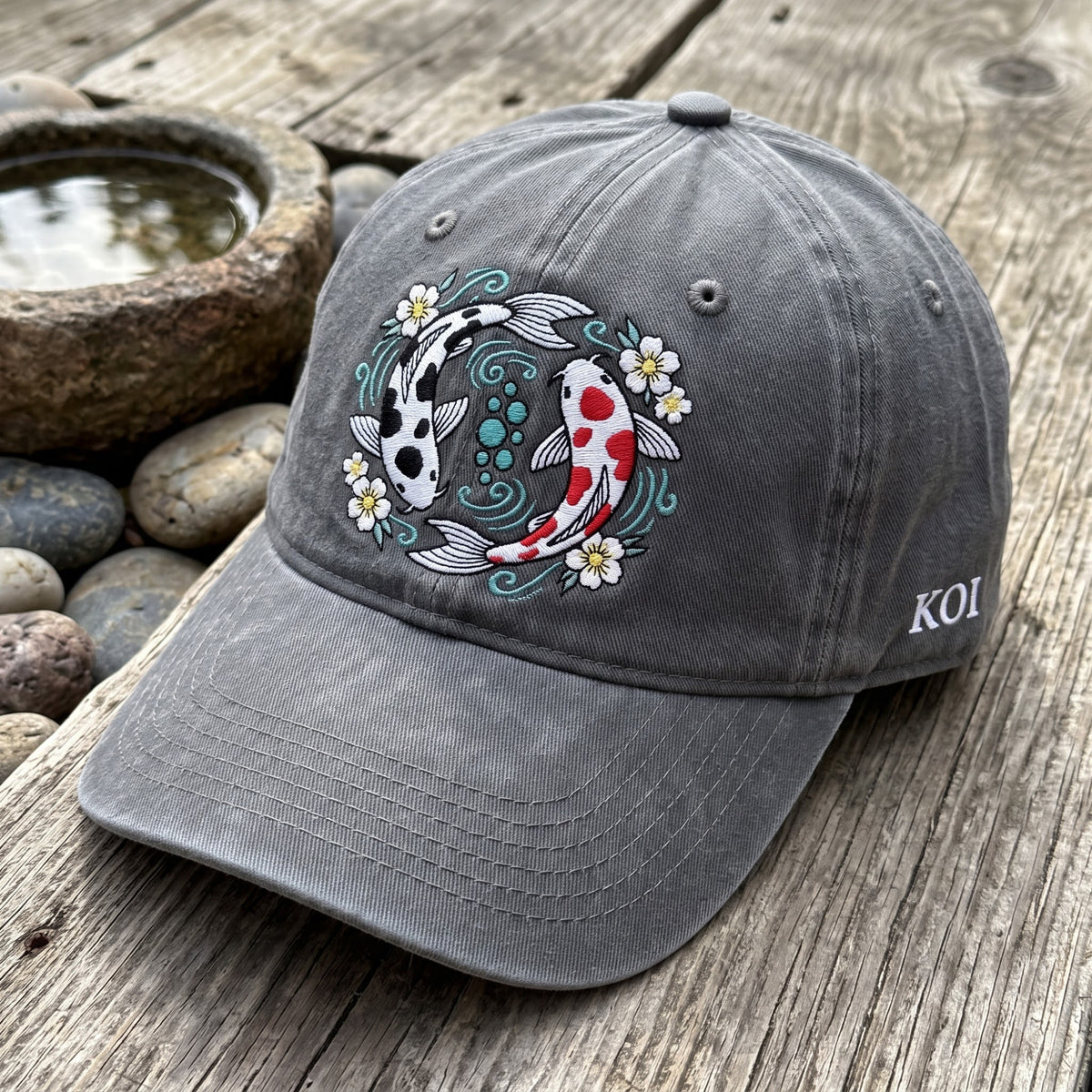 Koi Fish Yin Yang Cherry Blossom Embroidered Hat — Washed Hat