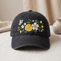 Lemon Blossom Butterfly Floral Botanical Embroidered Hat — Washed Hat
