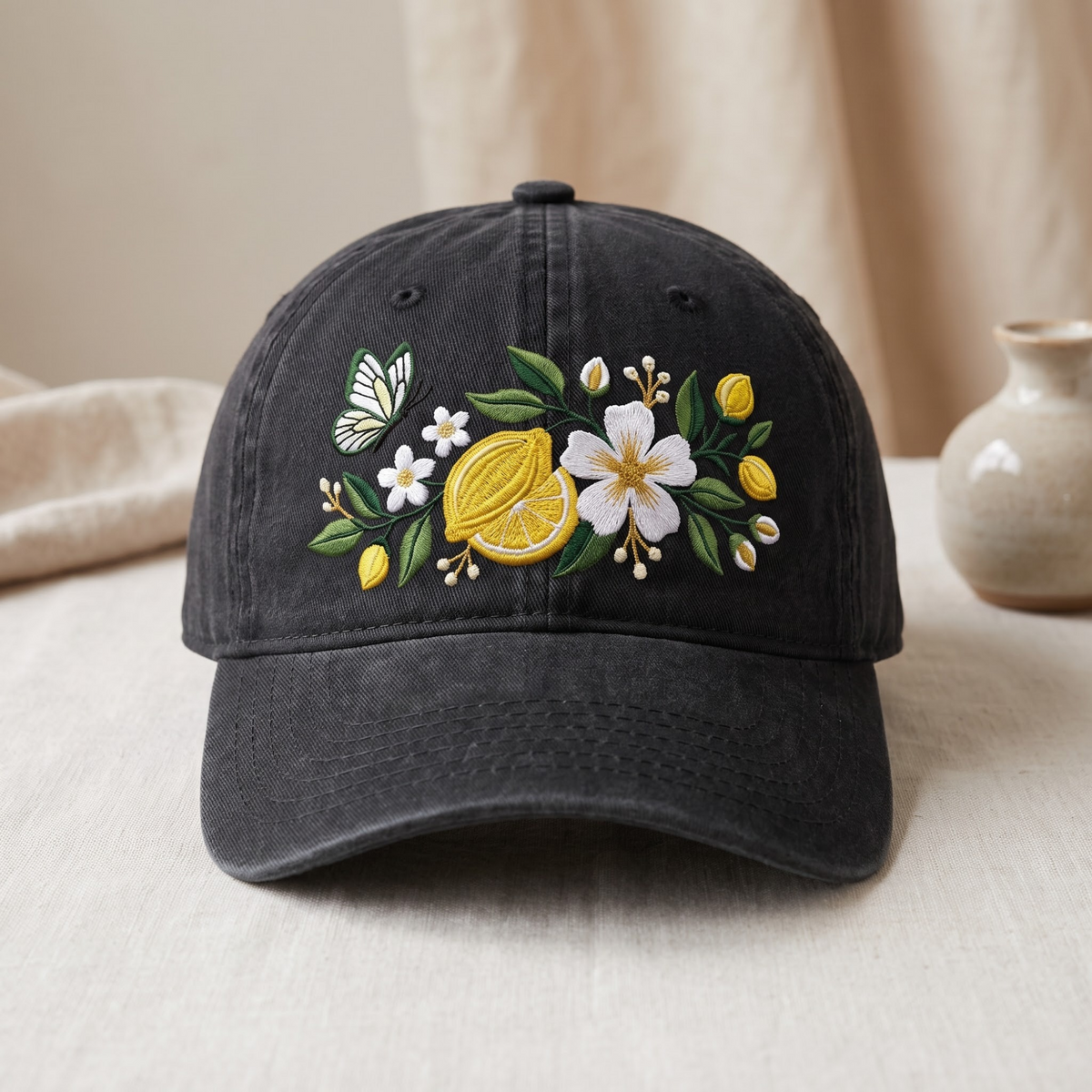 Lemon Blossom Butterfly Floral Botanical Embroidered Hat — Washed Hat