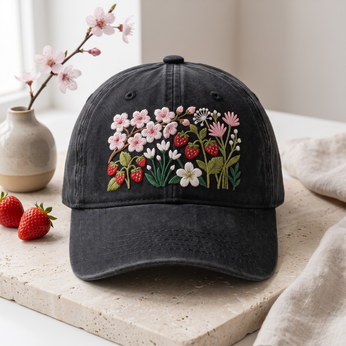 Cherry Blossom Strawberry Wildflower Botanical Floral Embroidered Hat — Washed Hat