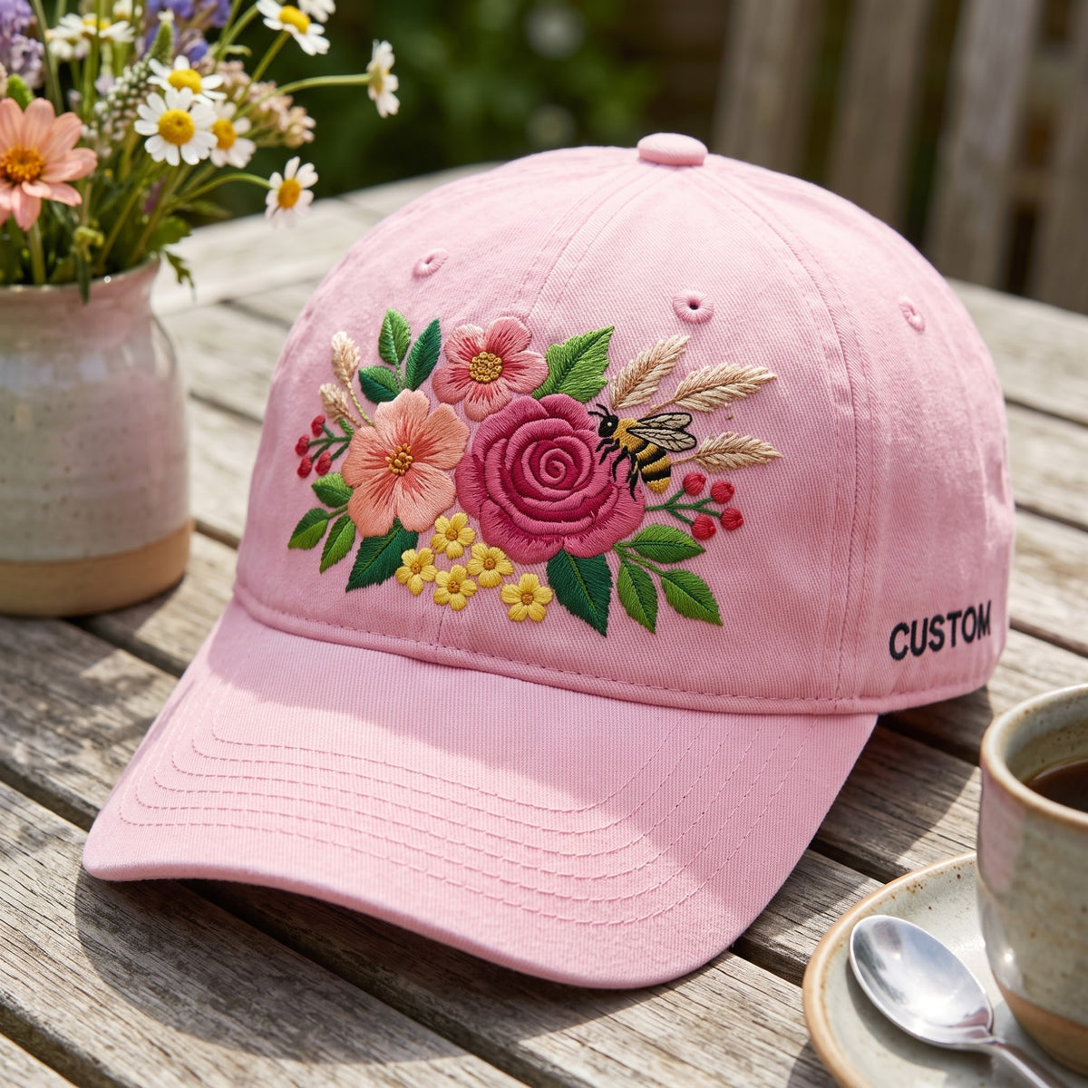 Personalized Floral Botanical Bee Rose Wildflower Garden Embroidered Hat — Baseball Cap