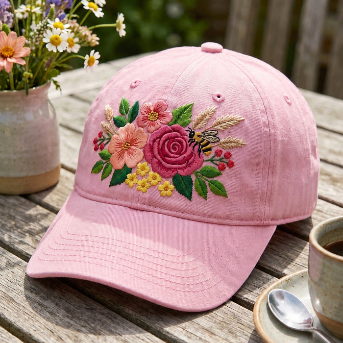 Personalized Floral Botanical Bee Rose Wildflower Garden Embroidered Hat