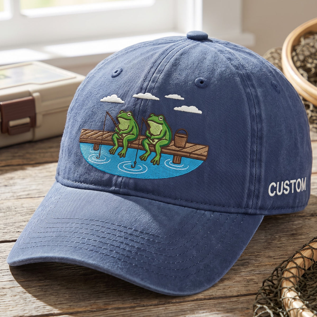 Personalized Two Frogs Fishing Dock Lake Scene Embroidered Hat — Washed Hat