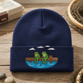 Personalized Two Frogs Fishing Dock Lake Scene Embroidered Beanie
