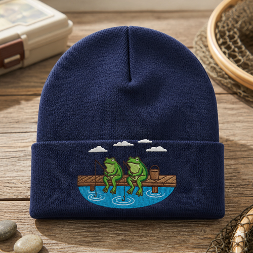 Personalized Two Frogs Fishing Dock Lake Scene Embroidered Beanie