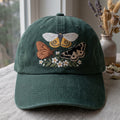 Three Moths Butterfly Wildflower Daisy Botanical Nature Embroidered Hat — Washed Hat