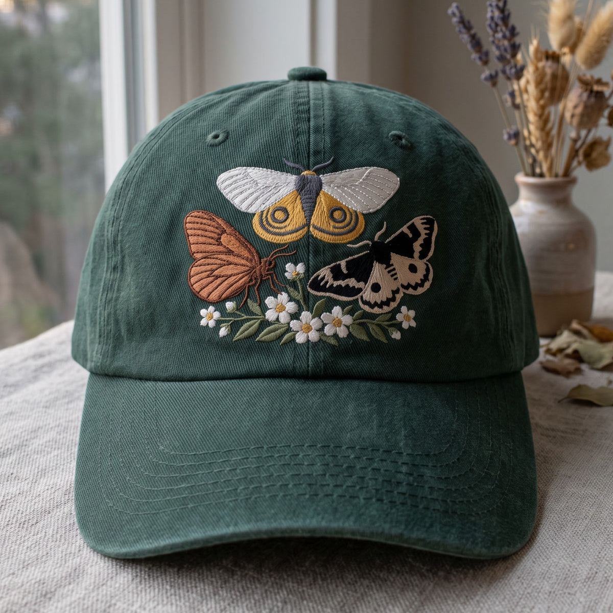 Three Moths Butterfly Wildflower Daisy Botanical Nature Embroidered Hat — Washed Hat