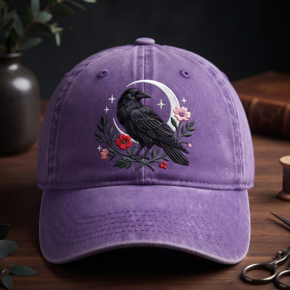 Raven Crescent Moon Floral Botanical Gothic Embroidered Hat — Washed Hat