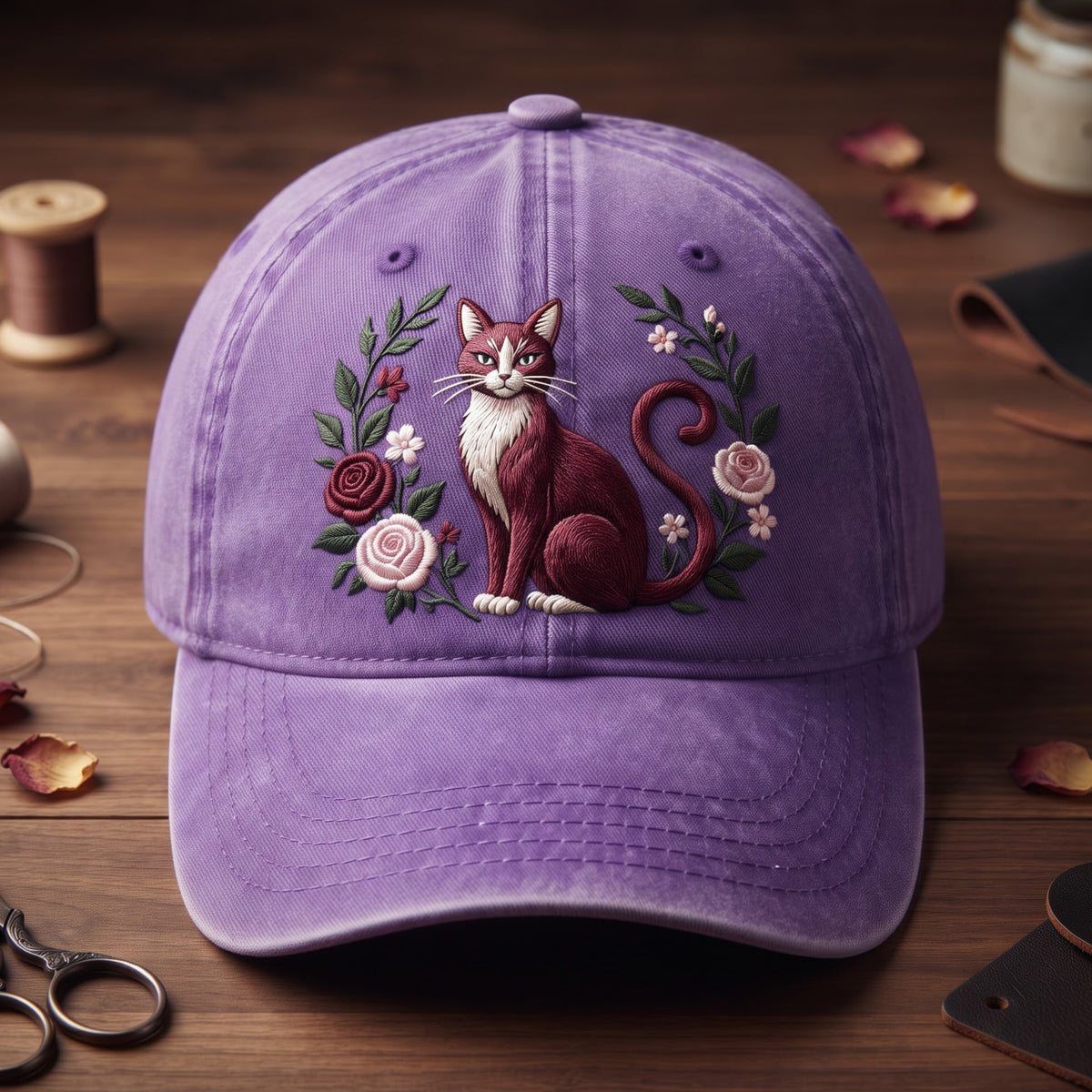 Floral Cat Roses Botanical Cottagecore Embroidered Hat — Washed Hat