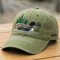 Personalized Common Loon Lake Scene Pine Trees Rocks Cattails Embroidered Hat — Washed Hat