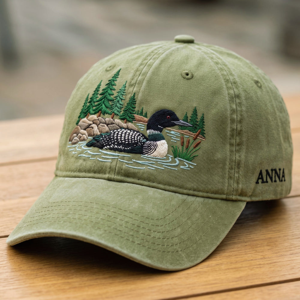 Personalized Common Loon Lake Scene Pine Trees Rocks Cattails Embroidered Hat — Washed Hat